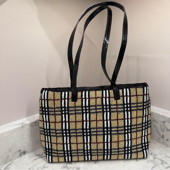 Handmade Handbags - Plaid beaded Burberry-print Tote Bag with Black Straps